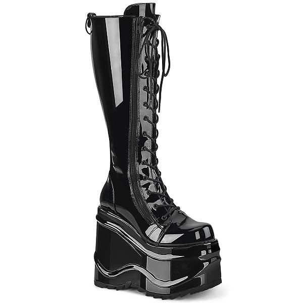 Demonia Wave-200 Black Patent Stiefel Herren D432-019 Gothic Kniehohe Stiefel Schwarz Deutschland SALE